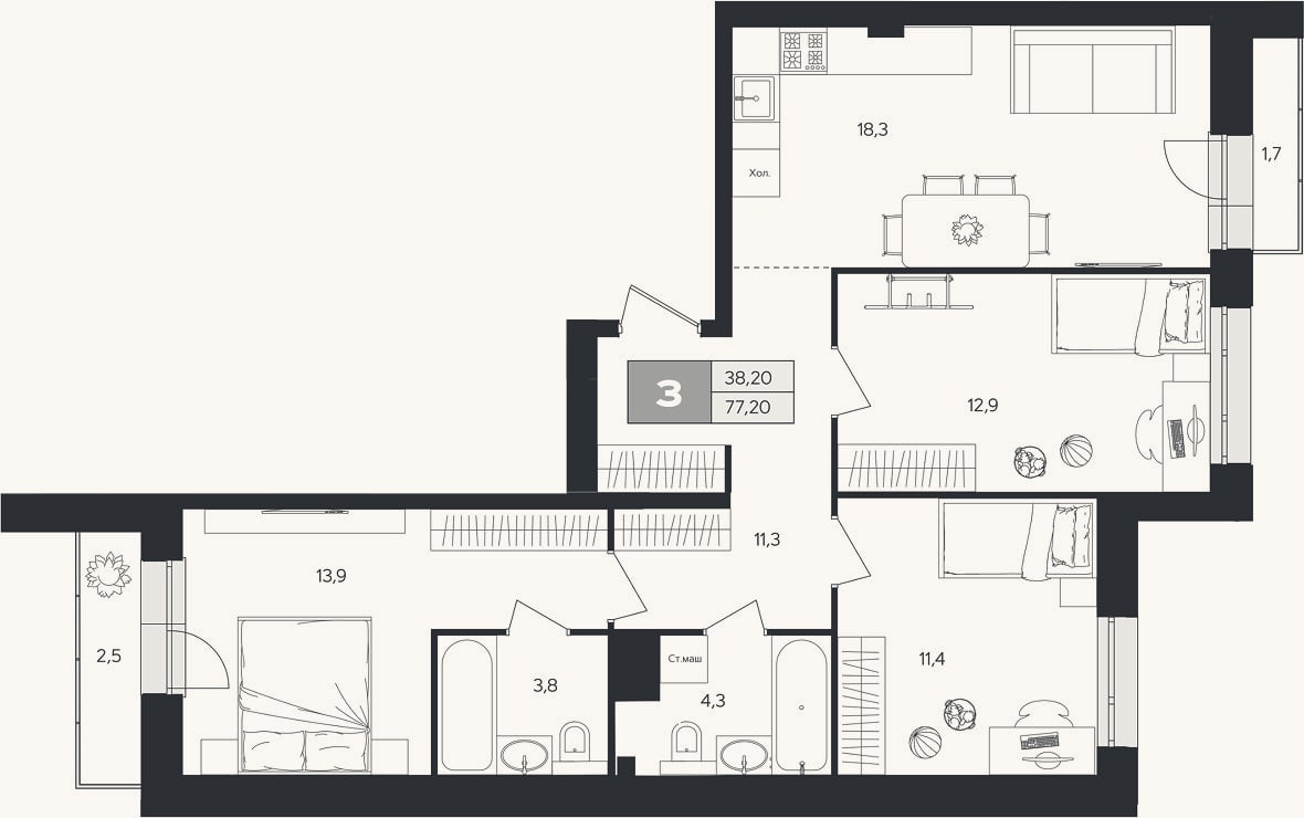 Планировка: 3-к, 75,4 м²