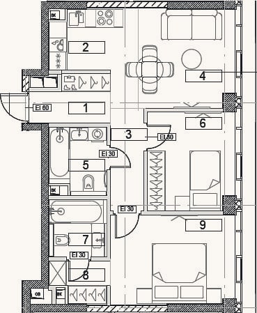 Планировка: 3-к, 56,8 м²