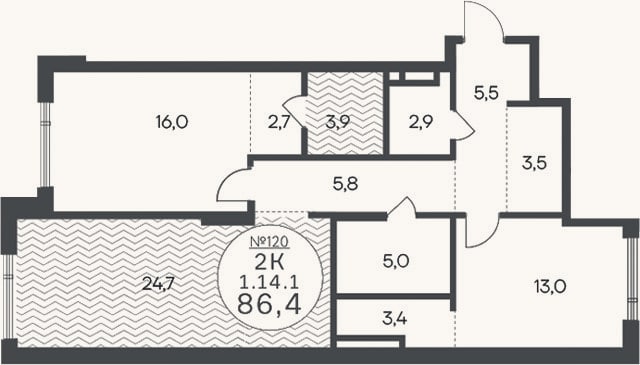 Планировка: 3-к, 86,4 м²