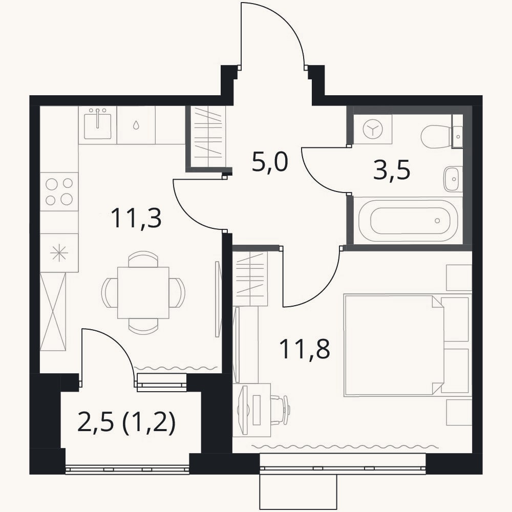 Планировка: 1-к, 31,6 м²