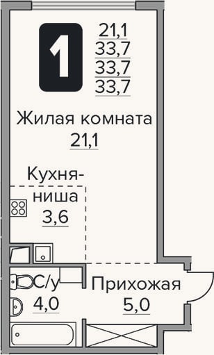 Планировка: Студия, 33,7 м²