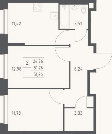 Планировка: 2-к, 51,3 м²