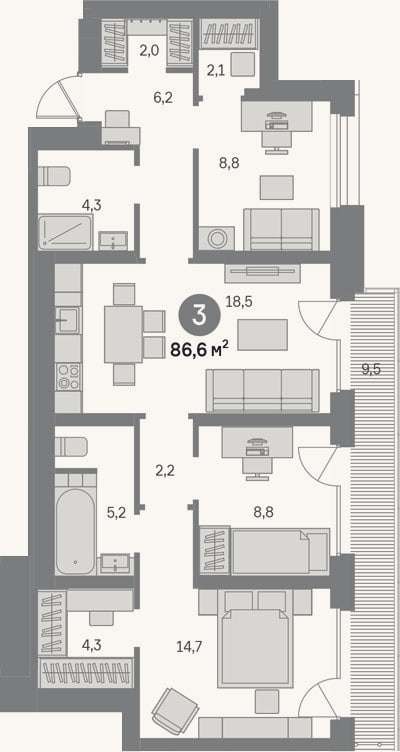 Планировка: 3-к, 77,1 м²