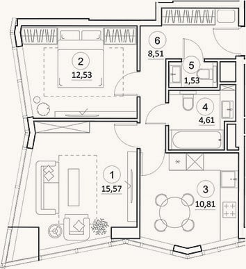 Планировка: 2-к, 53,6 м²
