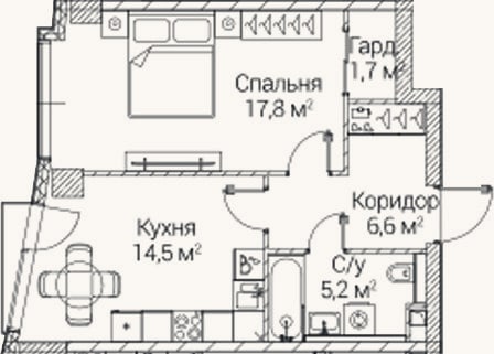 Планировка: 1-к, 45,5 м²