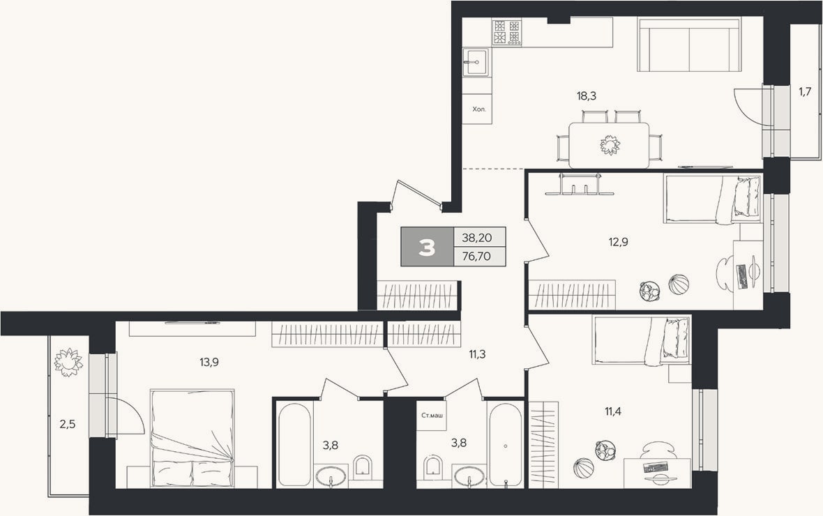 Планировка: 3-к, 74,9 м²