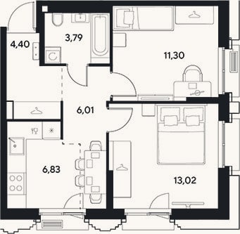 Планировка: 2-к, 45,4 м²
