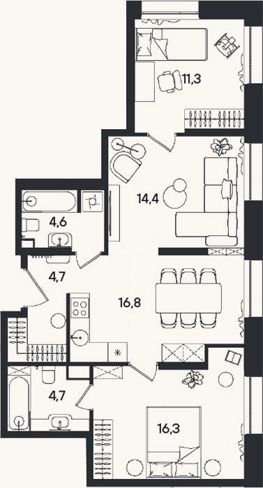 Планировка: 4+ к, 72,8 м²