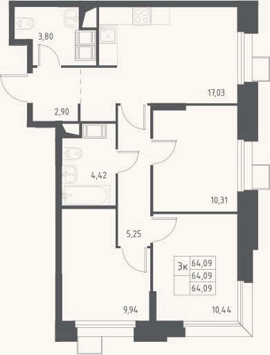 Планировка: 4+ к, 64,1 м²