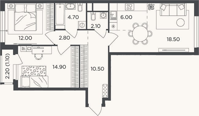 Планировка: 3-к, 71,5 м²