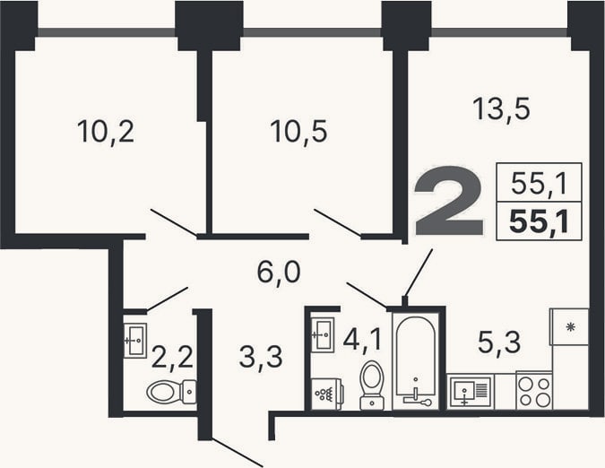 Планировка: 3-к, 55,1 м²