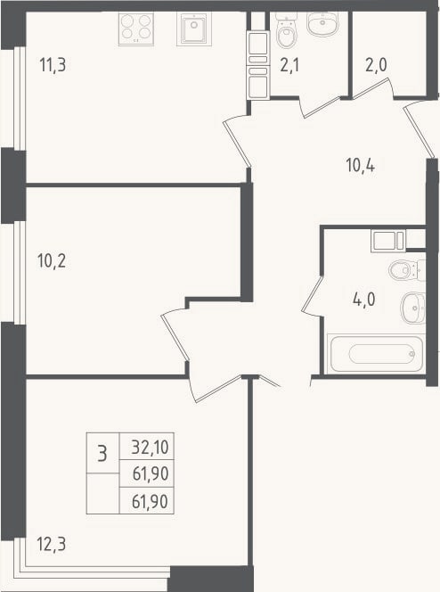 Планировка: 3-к, 61,9 м²