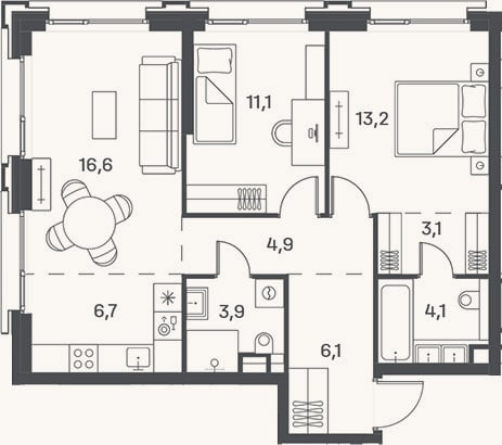 Планировка: 3-к, 69,7 м²