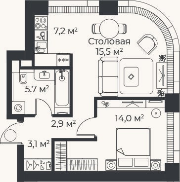 Планировка: 2-к, 48,4 м²
