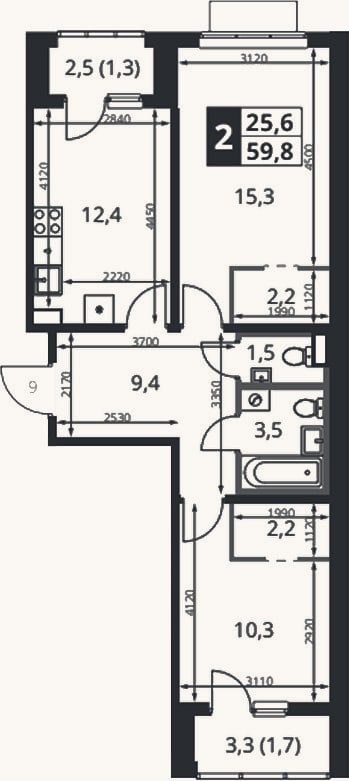 Планировка: 2-к, 56,8 м²