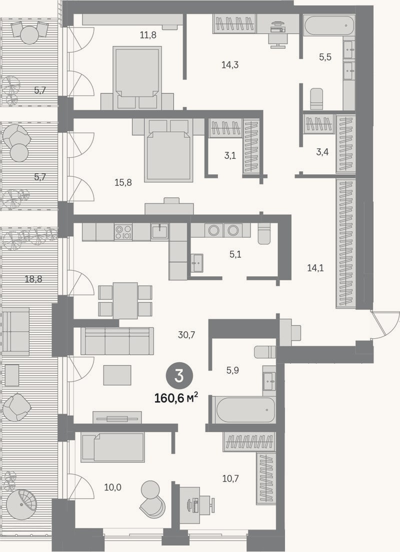 Планировка: 3-к, 130,4 м²