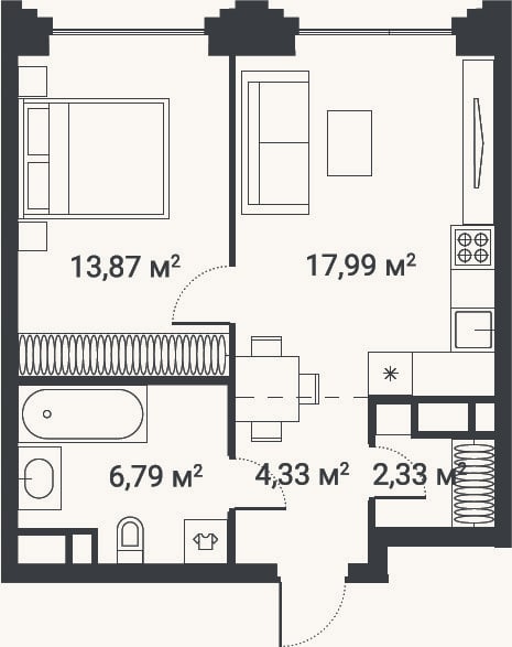 Планировка: 1-к, 45,3 м²