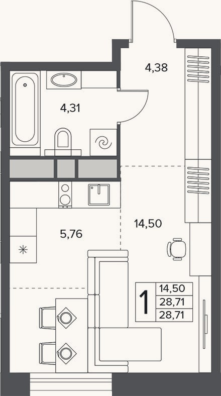 Планировка: Студия, 28,7 м²