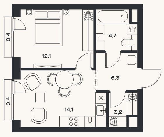 Планировка: 2-к, 40,4 м²