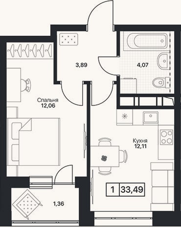 Планировка: 1-к, 32,1 м²