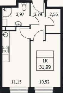 Планировка: 1-к, 32 м²