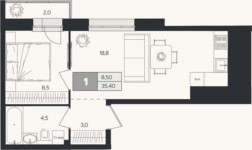 Планировка: 1-к, 34,8 м²