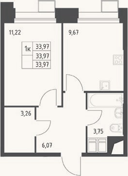 Планировка: 1-к, 34 м²