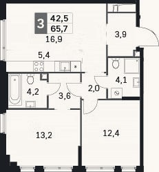 Планировка: 3-к, 65,7 м²