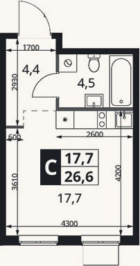 Планировка: Студия, 26,6 м²