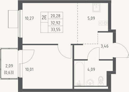 Планировка: 2-к, 32,9 м²