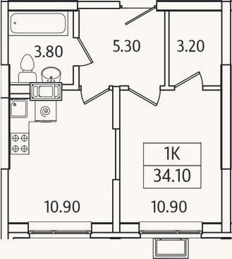 Планировка: 1-к, 34,1 м²