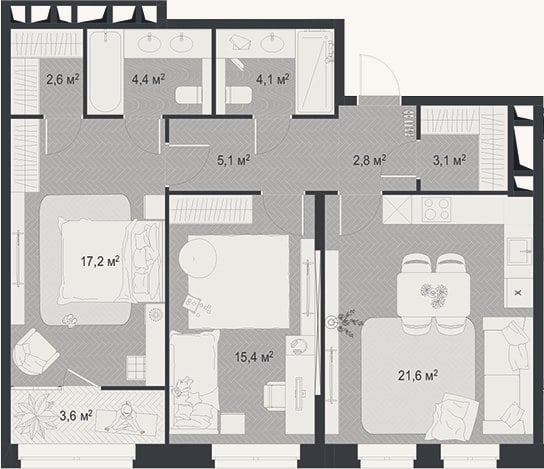 Планировка: 3-к, 76,3 м²