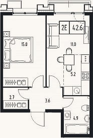 Планировка: 2-к, 42,4 м²