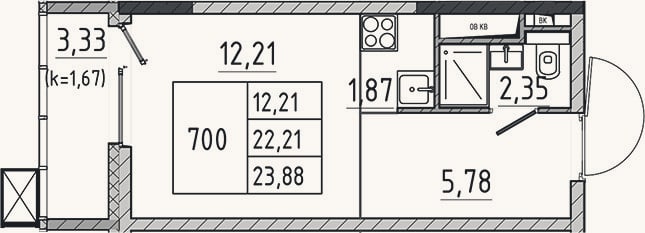 Планировка: Студия, 22,2 м²