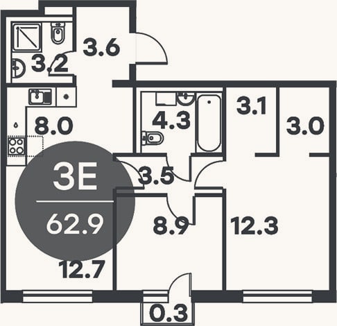 Планировка: 3-к, 62,6 м²