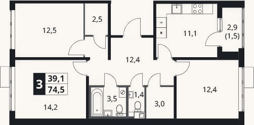Планировка: 3-к, 73 м²
