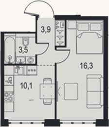 Планировка: 1-к, 33,8 м²