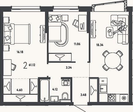 Планировка: 2-к, 61,1 м²