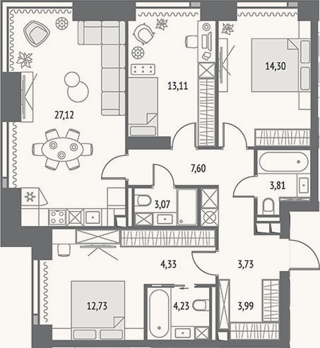 Планировка: 4+ к, 98 м²