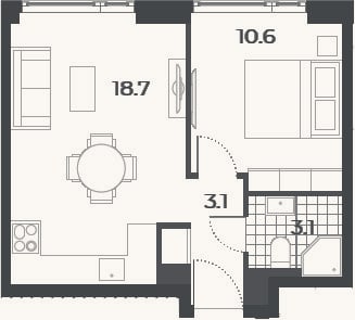 Планировка: 2-к, 35,5 м²