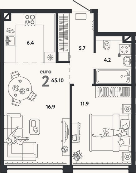 Планировка: 2-к, 45,1 м²