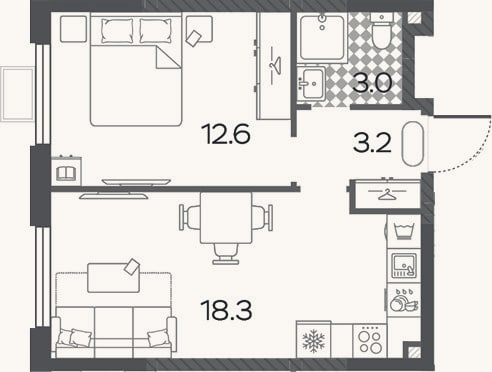 Планировка: 2-к, 37,1 м²