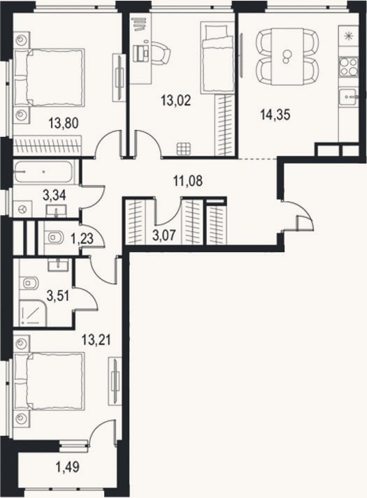 Планировка: 3-к, 76,7 м²