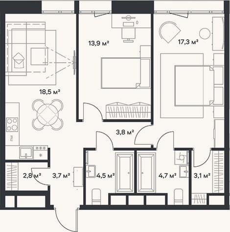 Планировка: 3-к, 72,3 м²