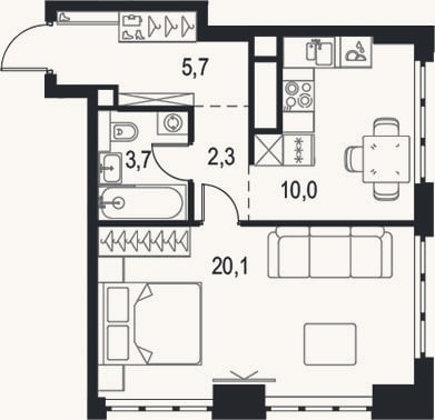 Планировка: 1-к, 41,8 м²