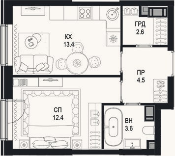 Планировка: 1-к, 36,5 м²