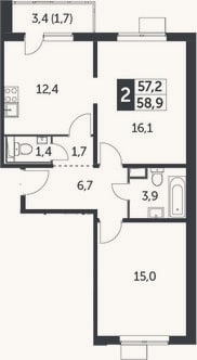 Планировка: 2-к, 57,2 м²