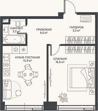 Планировка: 2-к, 47 м²