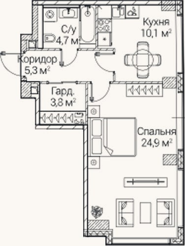 Планировка: 1-к, 49,4 м²
