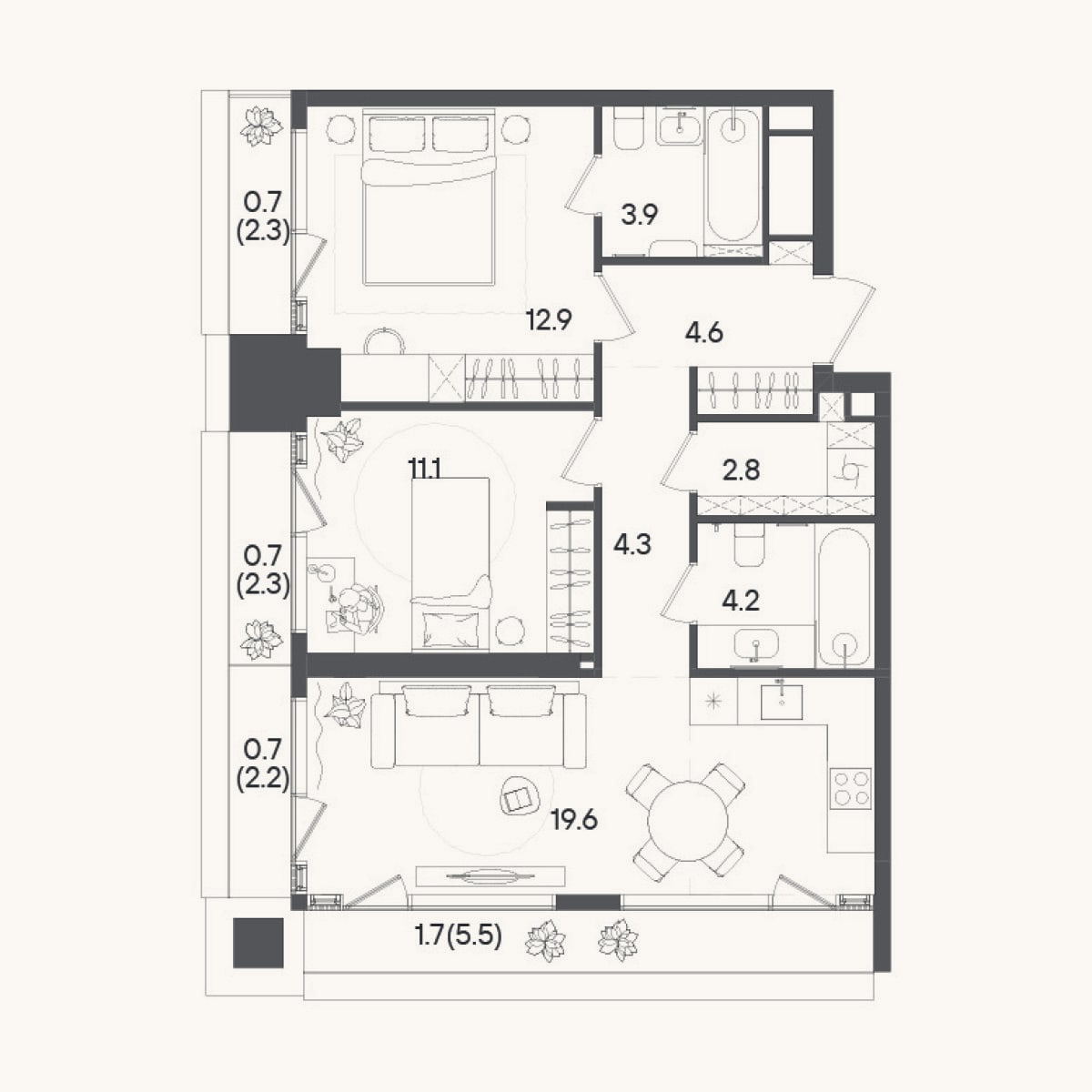 Планировка: 3-к, 63,8 м²